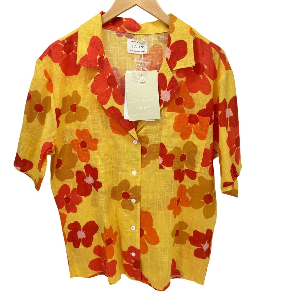 Sabo Shirt Womens 0 XXS Floral Cotton Oversized Button Up Short Sleeve‎ NEW